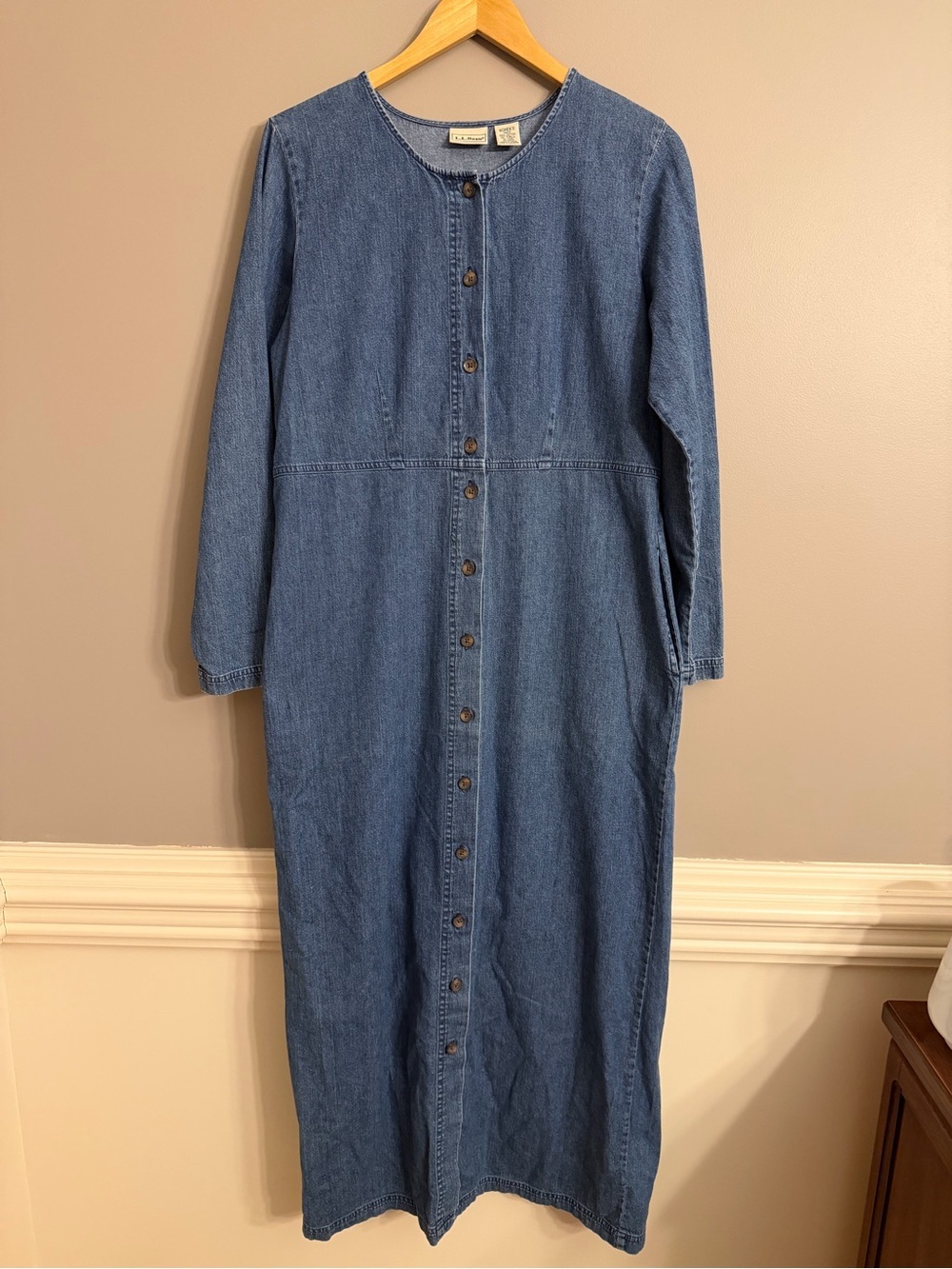 Vintage 90s L.L. Bean Denim Jean Button Front Maxi Dress Womens 12 Tall Country - Picture 2 of 8